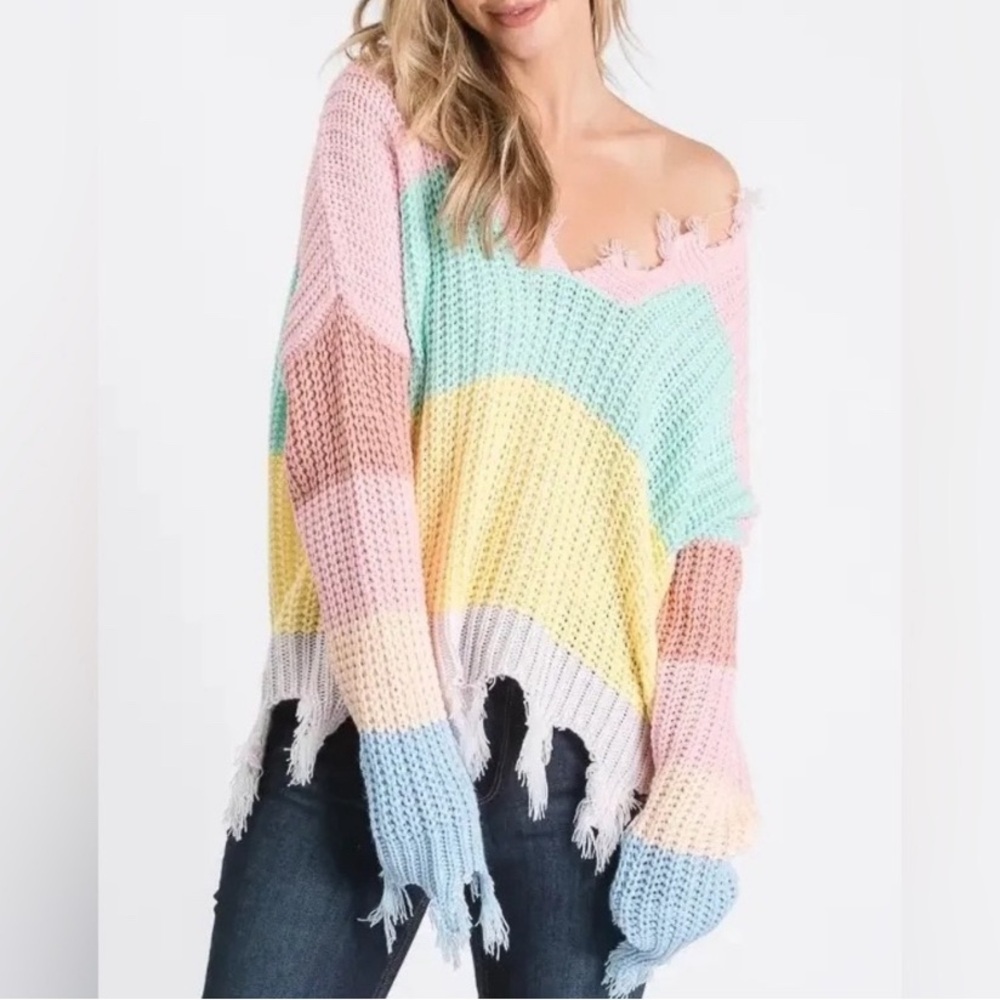 Destroyed Strip V neck Color Block Knit Sweater M/L